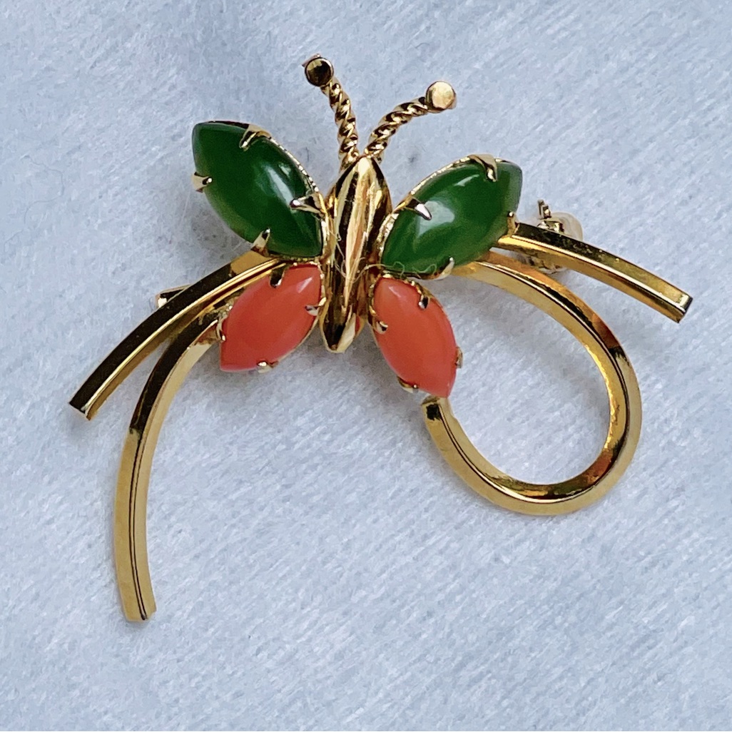 Vintage Art 14k Gold Filled Brooch Butterfly Coral Jade